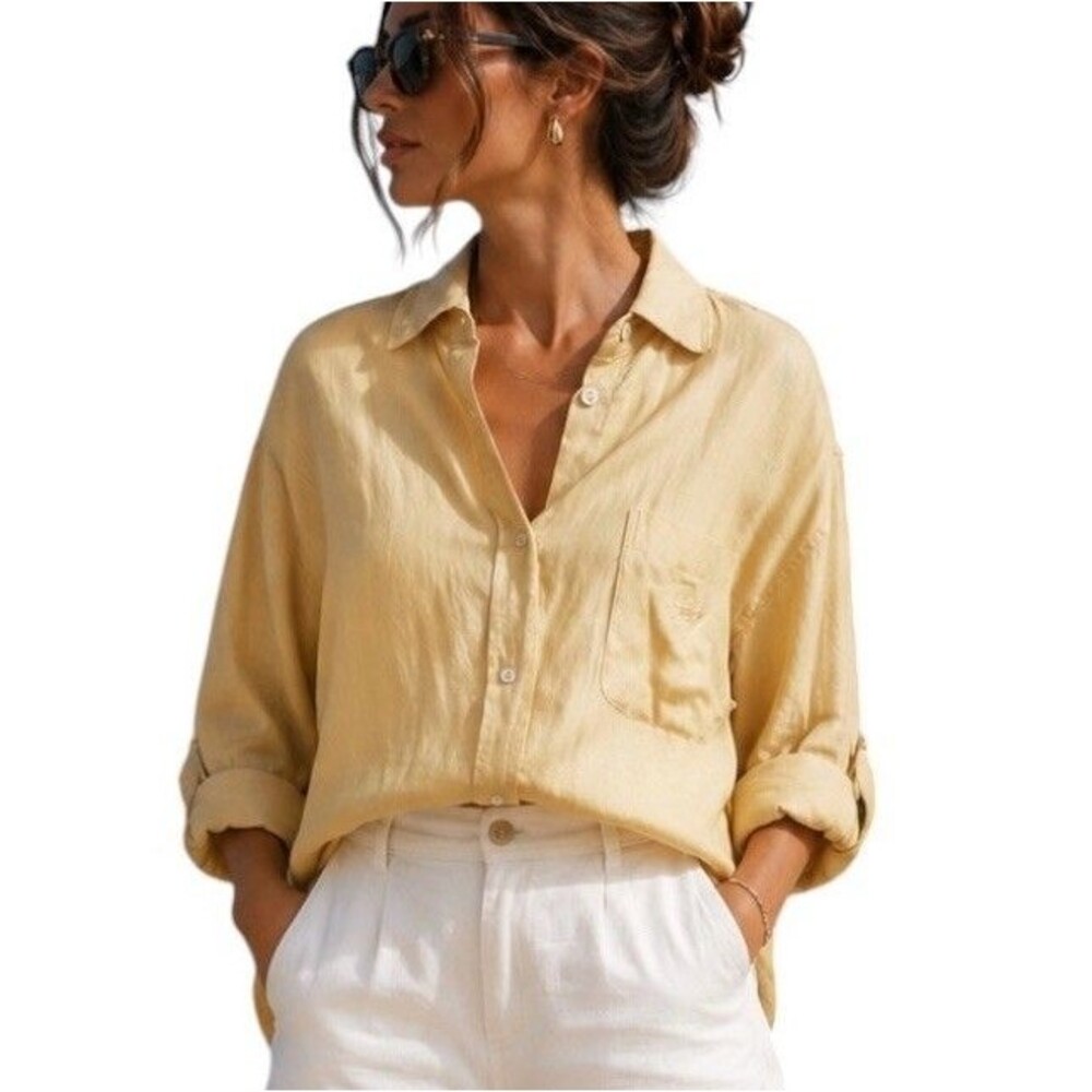 Embassy Row 100% Linen Shirt Size 14 Yellow Button-Up Old Money Preppy Style